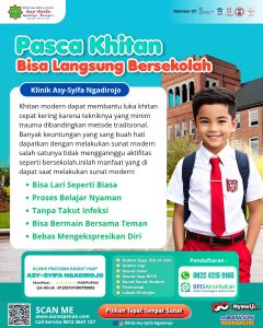 Langsung Sekolah Pasca Khitan? Hanya di Klinik Asy Syifa Ngadirojo, Solusi Modern untuk Warga Jaten Karanganyar - 0822 4215 9160

Pengantar
Khitan kini tak lagi identik dengan proses pemulihan lama dan penuh rasa sakit. Klinik Asy Syifa Ngadirojo di Wonogiri hadir sebagai solusi modern bagi warga Jaten Karanganyar dan sekitarnya, menawarkan layanan sunat yang memungkinkan anak langsung kembali bersekolah setelah prosedur dilakukan.
Keunggulan Sunat Modern di Klinik Asy Syifa
•	Metode Tanpa Suntik dan Tanpa Jahitan: Klinik Asy Syifa menggunakan teknik modern seperti Klamp, Laser Assisted Circumcision (LAC), dan Disposable Device Circumcision (DDC). Metode ini minim rasa sakit, tidak memerlukan jahitan, dan prosesnya sangat cepat-hanya 2 hingga 5 menit.
•	Penyembuhan Lebih Cepat: Anak-anak dapat langsung beraktivitas, termasuk kembali ke sekolah, karena luka sunat cepat kering dan risiko infeksi sangat rendah. Tidak perlu perban atau sarung khusus, sehingga anak tetap nyaman.
•	Perawatan Pasca Sunat Mudah: Orang tua cukup menjaga kebersihan area sunat, mengurangi aktivitas berat, dan mengikuti kontrol sesuai anjuran dokter. Obat pereda nyeri juga diberikan untuk memastikan anak tetap nyaman.
•	Tenaga Medis Profesional: Seluruh prosedur dilakukan oleh dokter dan tim medis berpengalaman lebih dari 18 tahun, sehingga keamanan dan kenyamanan pasien sangat terjamin.

Kunjungi Website Resmi : sunatpenak.com

Fasilitas dan Layanan Unggulan
•	Klinik buka 24 jam, memberi fleksibilitas bagi orang tua.
•	Konsultasi sebelum dan sesudah sunat untuk memastikan kesiapan dan pemulihan optimal.
•	Program khusus seperti sunatan massal ceria dan khitan gratis untuk anak yatim.
Tips Aman Kembali Sekolah Pasca Khitan
•	Hindari aktivitas berat seperti berlari atau melompat selama 1-2 minggu.
•	Jaga kebersihan area sunat dan ikuti instruksi dokter.
•	Orang tua disarankan mengantar-jemput anak untuk sementara waktu agar tidak terjadi gesekan berlebihan.

Lihat Postingan Instagram : Klinik Asy Syifa Ngadirojo

Kesimpulan
Dengan teknologi sunat modern dari Klinik Asy Syifa Ngadirojo, anak-anak tak perlu lagi takut lama absen sekolah. Proses cepat, minim nyeri, dan pemulihan singkat membuat klinik ini menjadi pilihan tepat untuk warga Jaten Karanganyar yang menginginkan solusi khitan terbaik dan modern.

Ingin tahu lebih lanjut tentang program sunat modern di Klinik Asy Syifa? Atau ingin konsultasi jadwal sunat anak Anda? Silakan tanyakan, kami siap membantu!

Klinik dan Khitan Asy Syifa Ngadirojo
Alamat : Jl. Manggis RT 01 RW 11, Ngadirojo Kidul, Kec. Ngadirojo, Wonogiri
0822 4215 9160
www.sunatpenak.com
